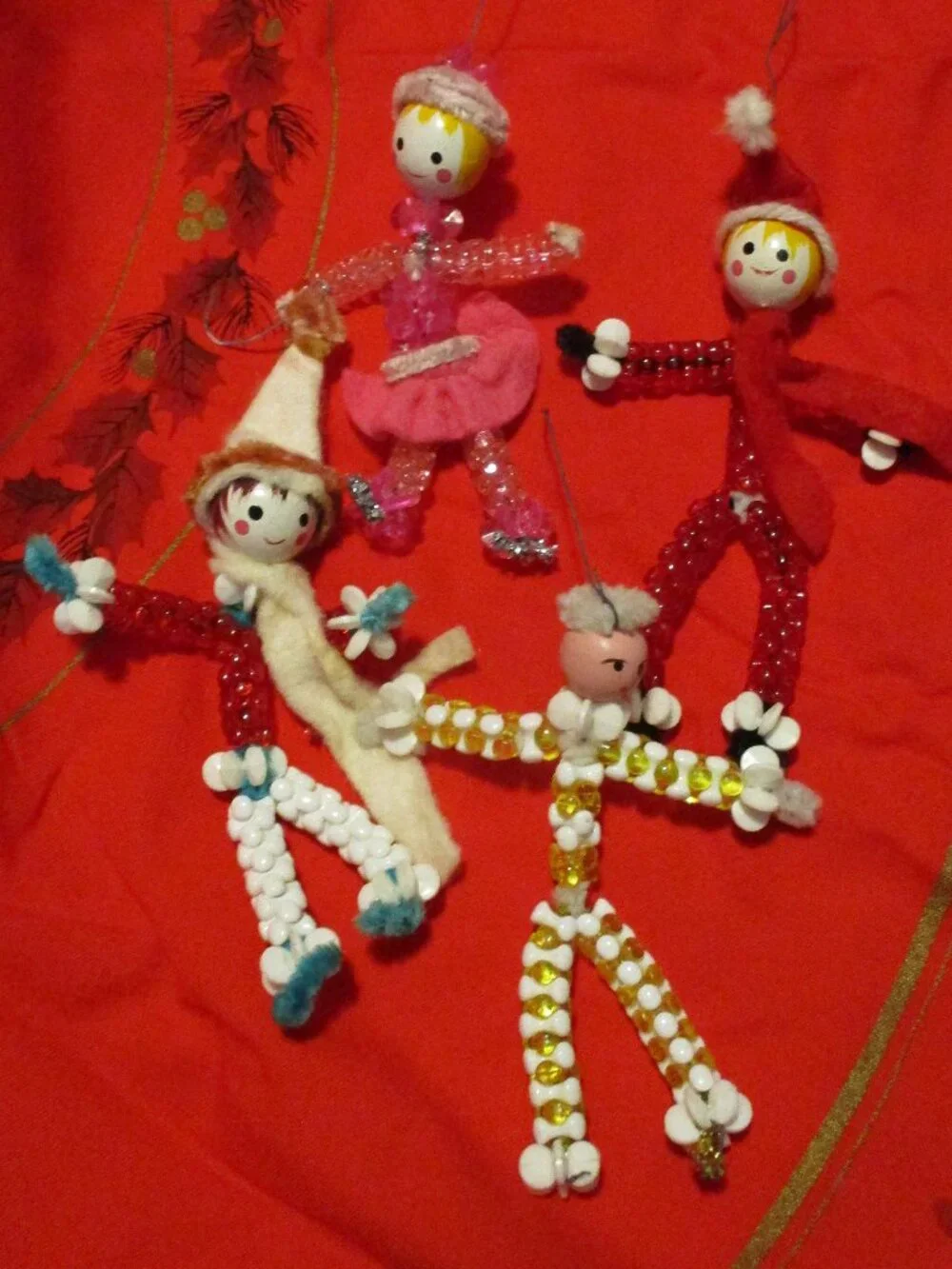 4 CHRISTMAS VINTAGE Handmade Beaded Children Tree Holiday Ornaments